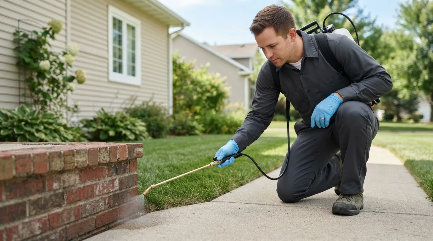 Pest control technician treating a home near Aviston, IL