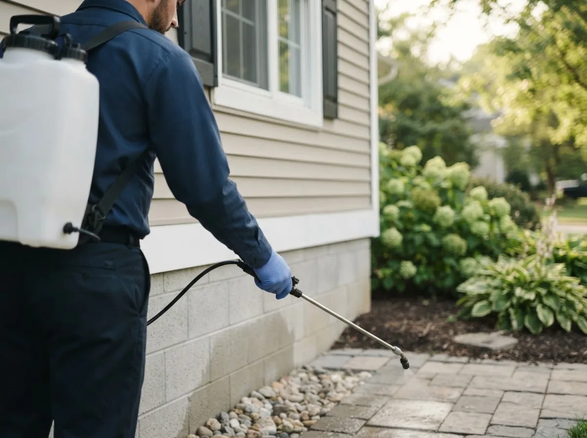 Pest control technician inspecting a home in Aviston, IL